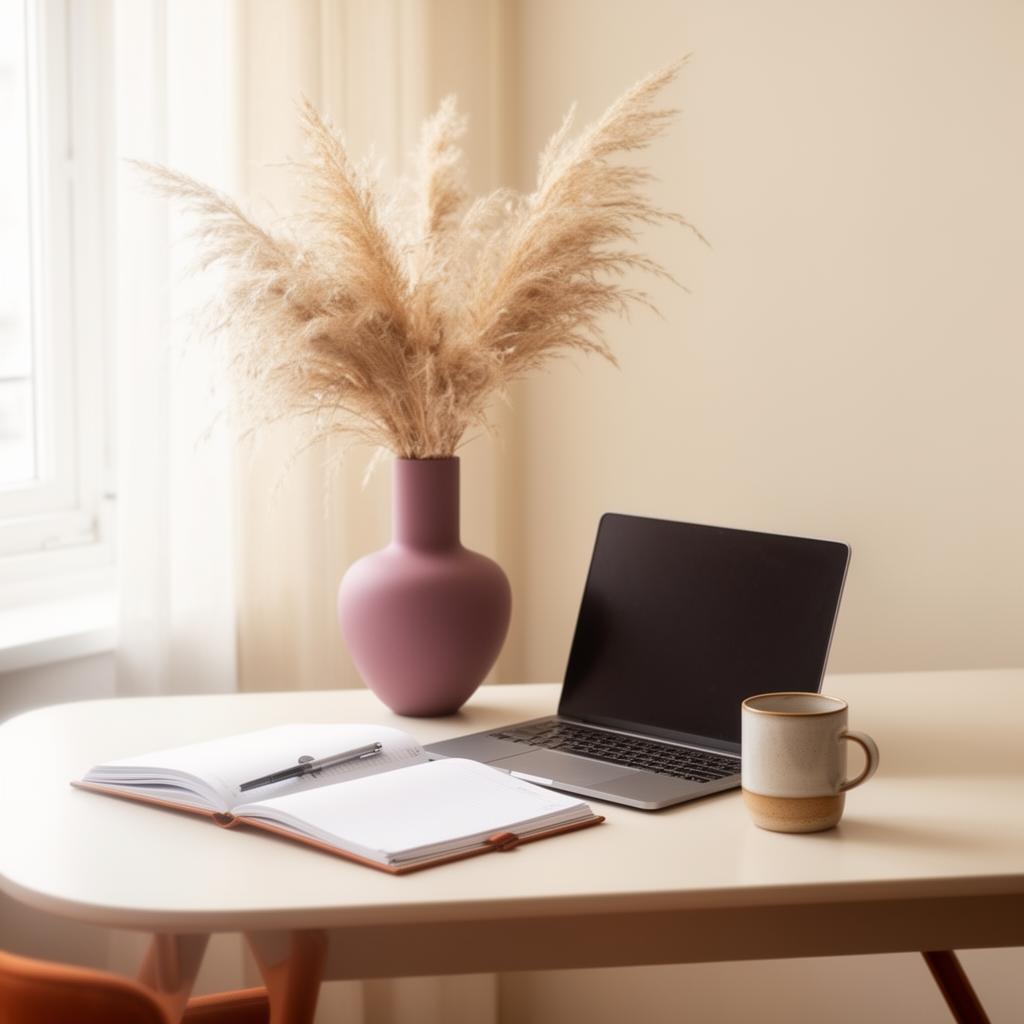 A soft-lit desk with laptop and mauve vase